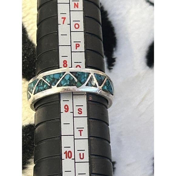 Vintage Primitive Turquoise Inlay Southwest Sterling Band Ring Size 8.5 #349 - Picture 1 of 4
